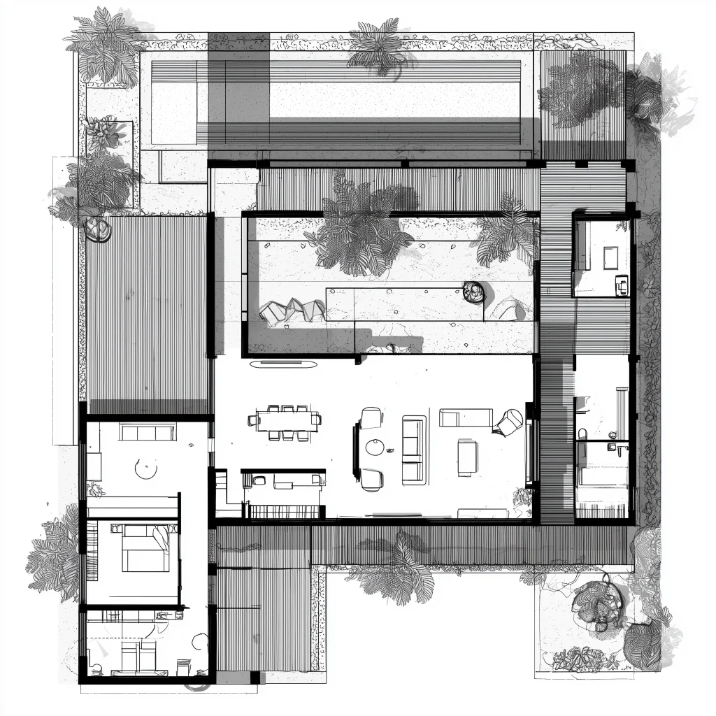 Denah villa tropis modern ala Bali dengan tata ruang minimalis dan asri.