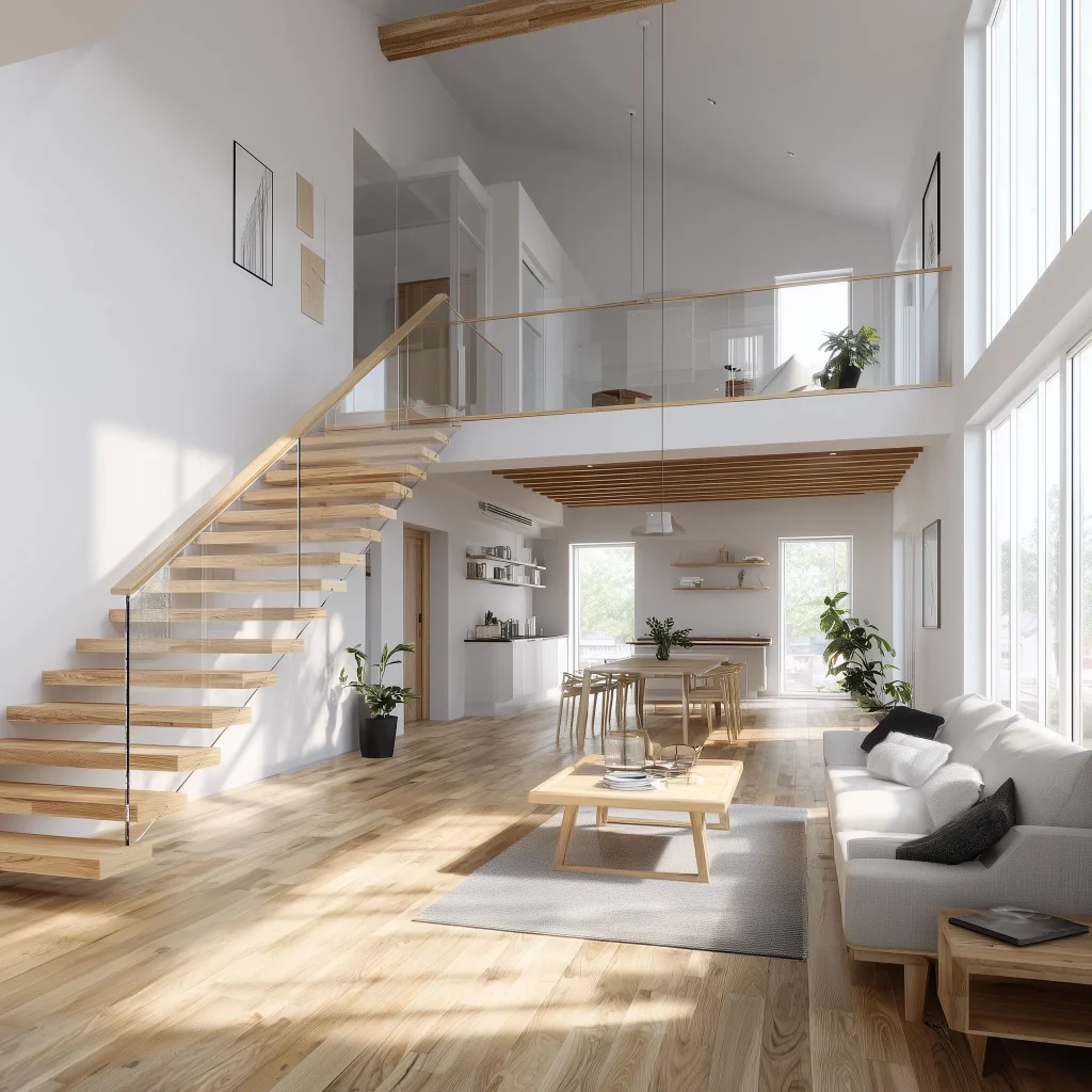 Desain mezzanine modern minimalis dengan dinding putih, lantai kayu natural, dan railing kaca untuk ruang kerja lapang.