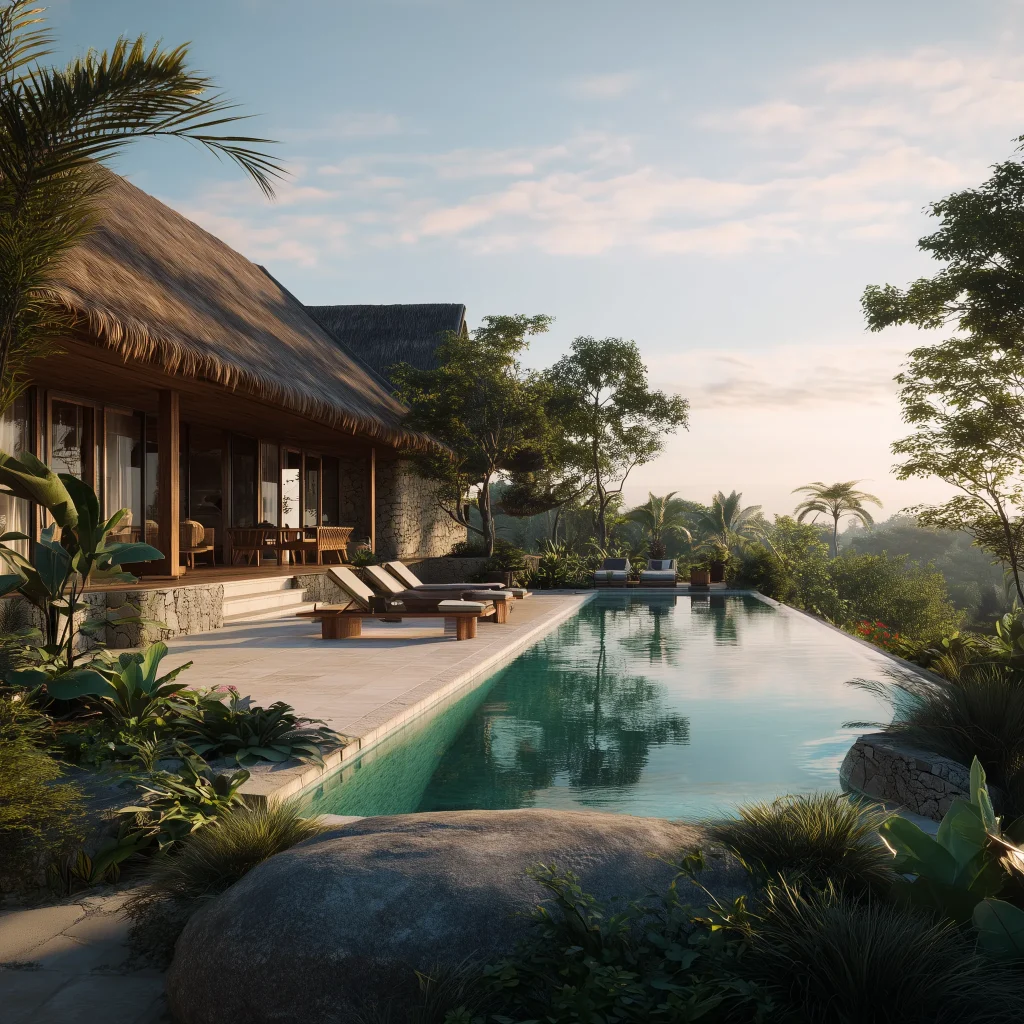 Kolam renang villa Bali dengan desain tropis dan suasana asri.
