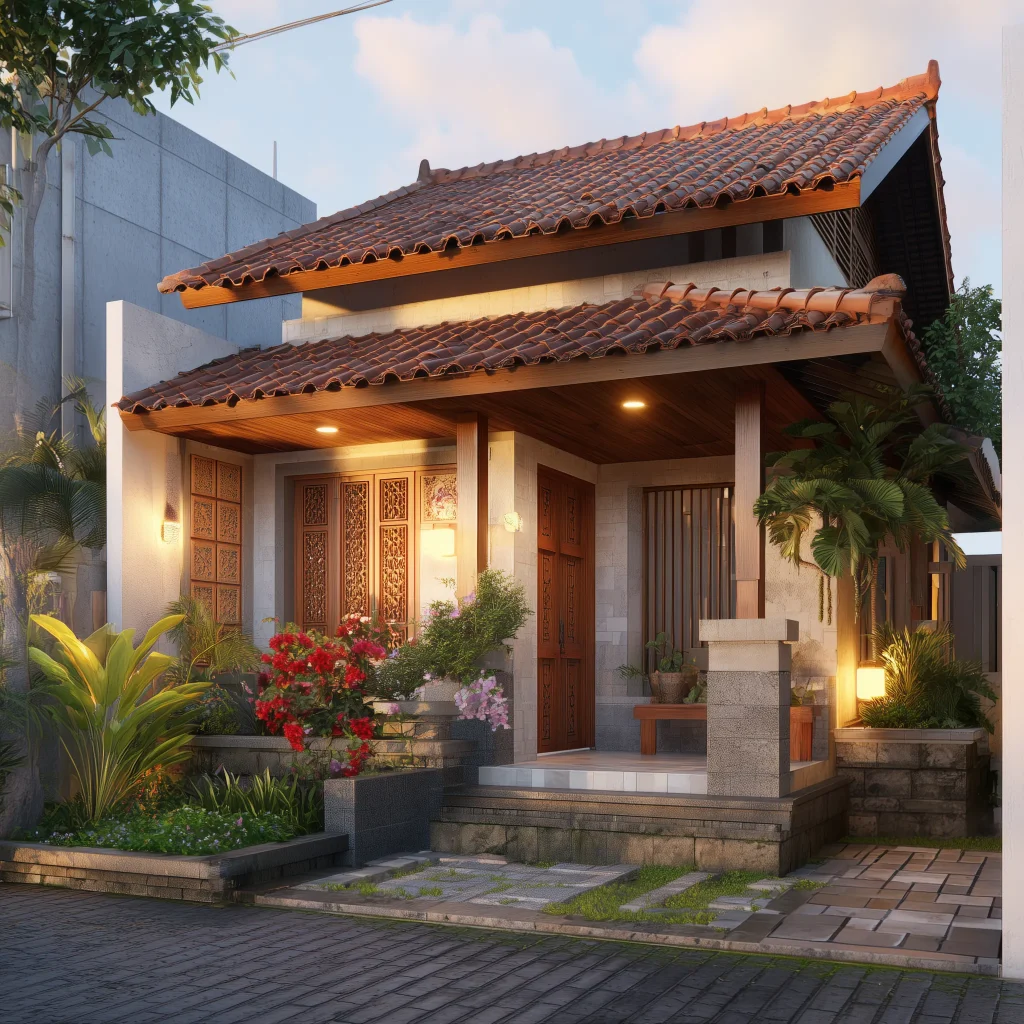 Rumah 600 jutaan bergaya tradisional modern dengan atap genteng terakota, pintu kayu berukir, dan tirai bambu.