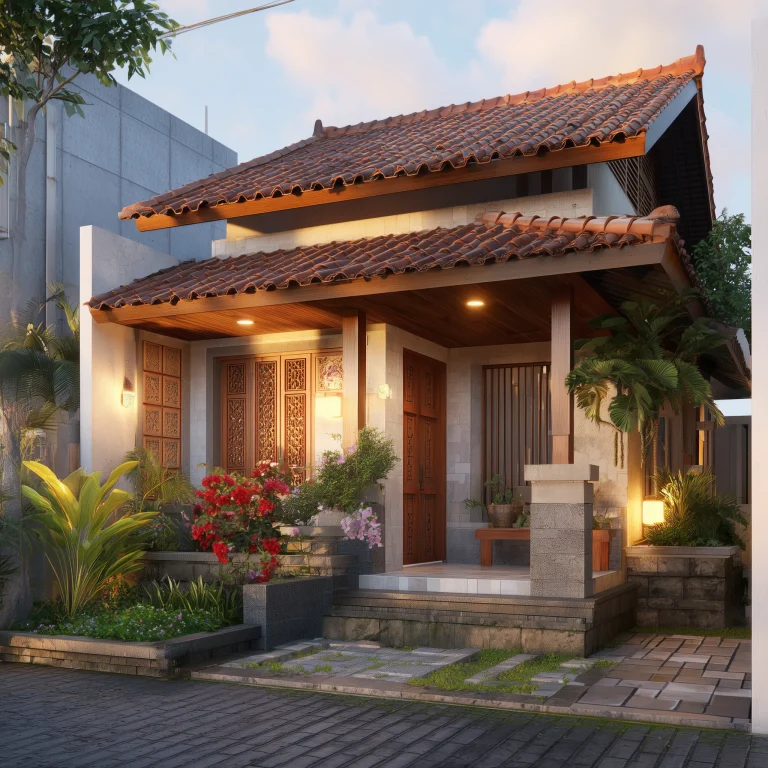 Rumah 600 jutaan bergaya tradisional modern dengan atap genteng terakota, pintu kayu berukir, dan tirai bambu.