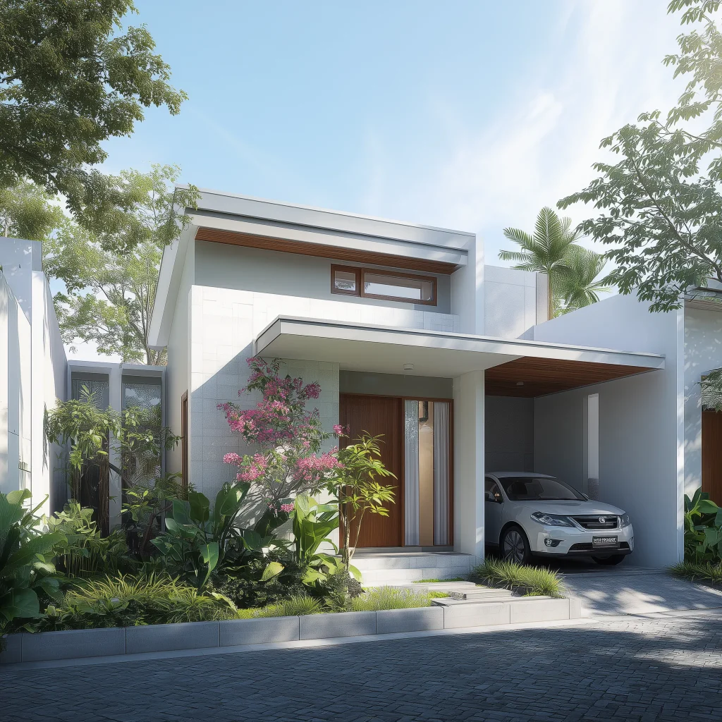 Fasad rumah tipe 36 minimalis dengan warna putih, abu-abu, dan aksen kayu.