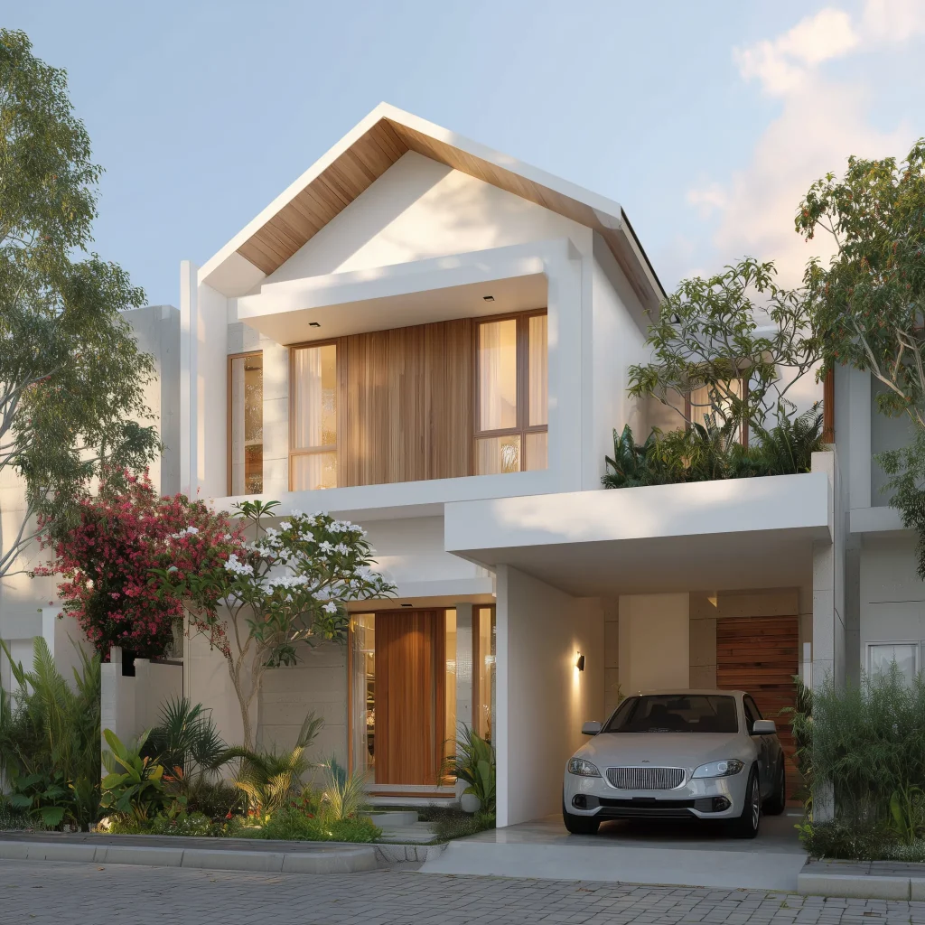 Desain rumah minimalis budget 600 jutaan dengan cat putih, aksen kayu, dan atap datar modern.