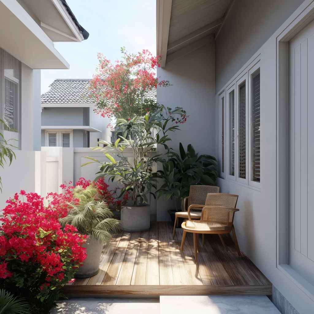 teras rumah modern minimalis dengan taman tropis