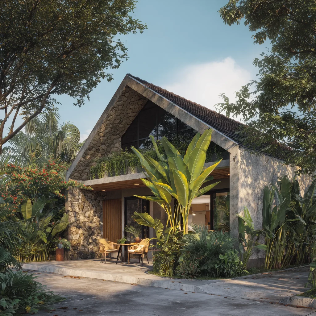 Rumah tipe 36 tropis dengan fasad batu alam, taman rimbun, dan pagar bambu.
