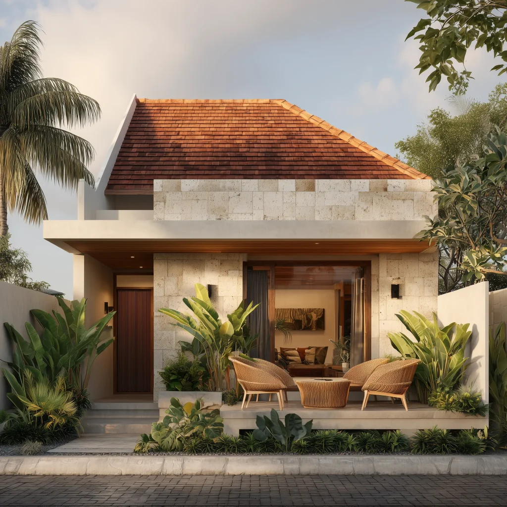Inspirasi rumah tropis kontemporer 600 jutaan dengan atap miring terakota, fasad batu alam, dan taman depan asri.
