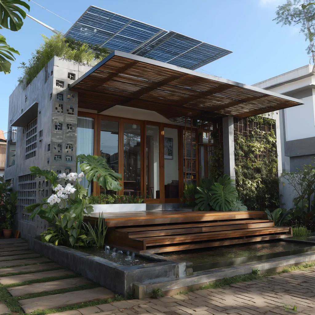 Desain rumah eco-friendly 600 jutaan dengan panel surya, taman vertikal, dan fasad modern ramah lingkungan.