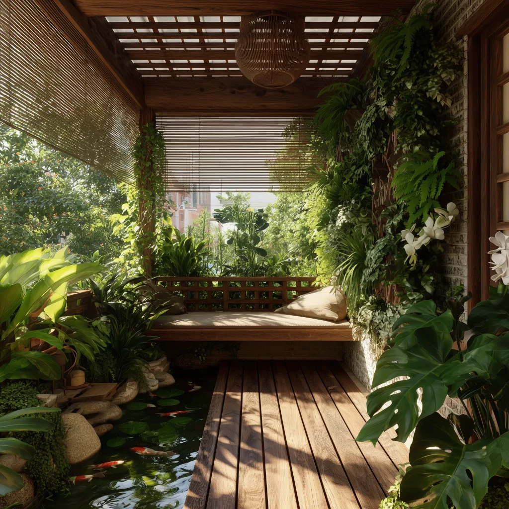 teras eco-friendly dengan panel surya dan vertical garden