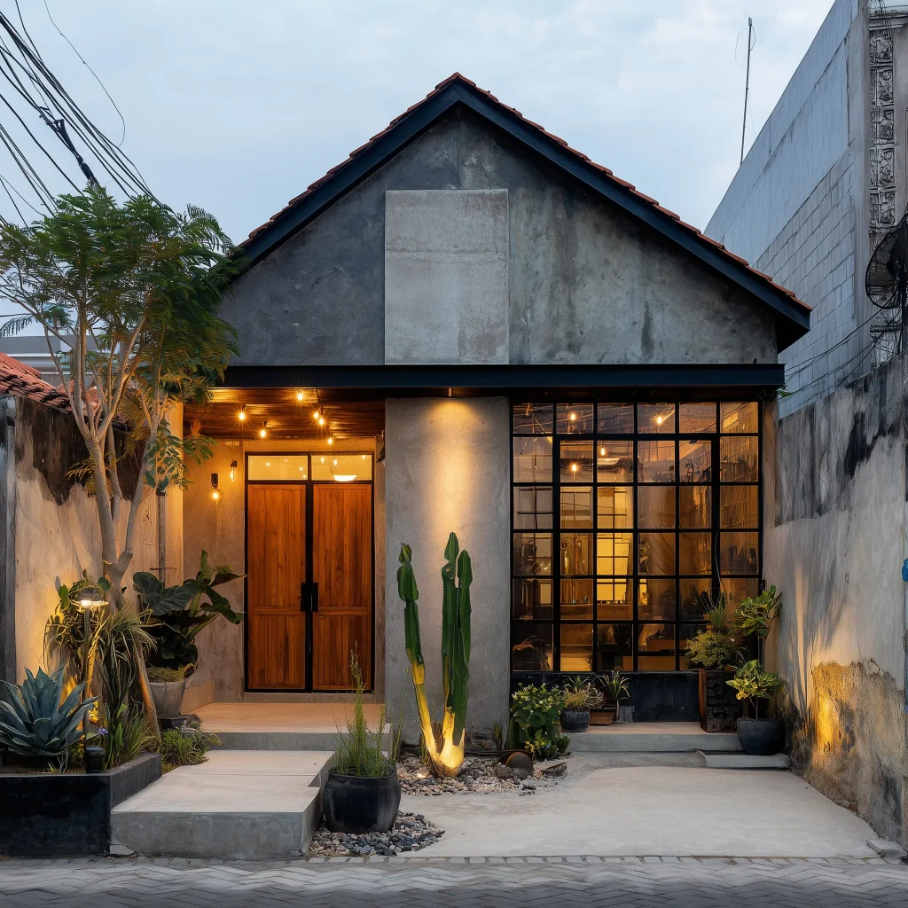 Desain rumah industrial chic 600 jutaan dengan dinding beton ekspos, rangka baja hitam, dan pintu kayu rustic.