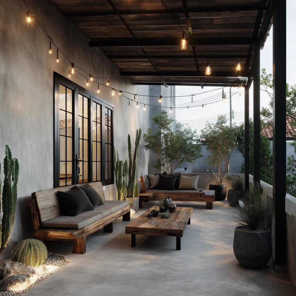 teras industrial chic dengan beton ekspos dan lampu gantung
