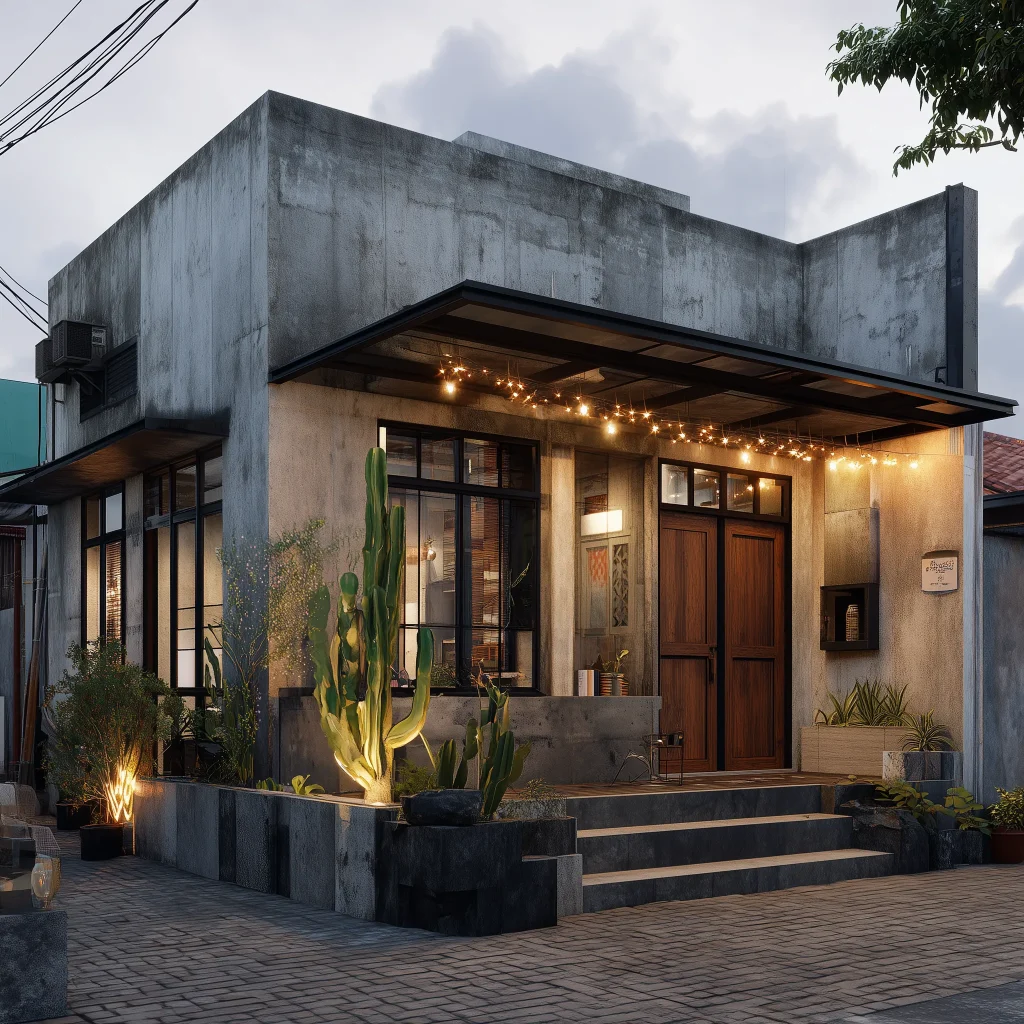 Fasad rumah tipe 36 bergaya industrial dengan beton ekspos, jendela baja hitam, dan pintu rustic.