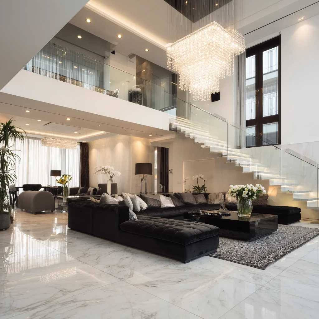 Inspirasi mezzanine modern luxury dengan railing kaca frameless, lantai marmer, dan lampu gantung kristal elegan.