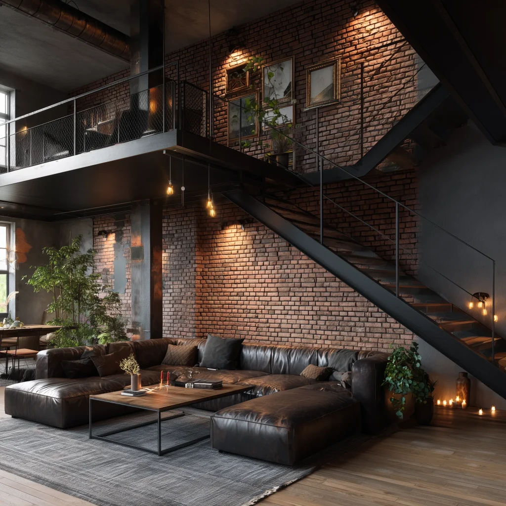 Inspirasi mezzanine industrial chic dengan dinding bata ekspos, tangga baja hitam, dan furnitur rustic bergaya urban.