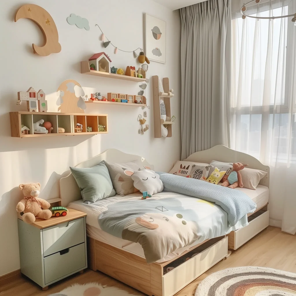 kamar anak dengan style modern minimalis yang rapi dan tenang
