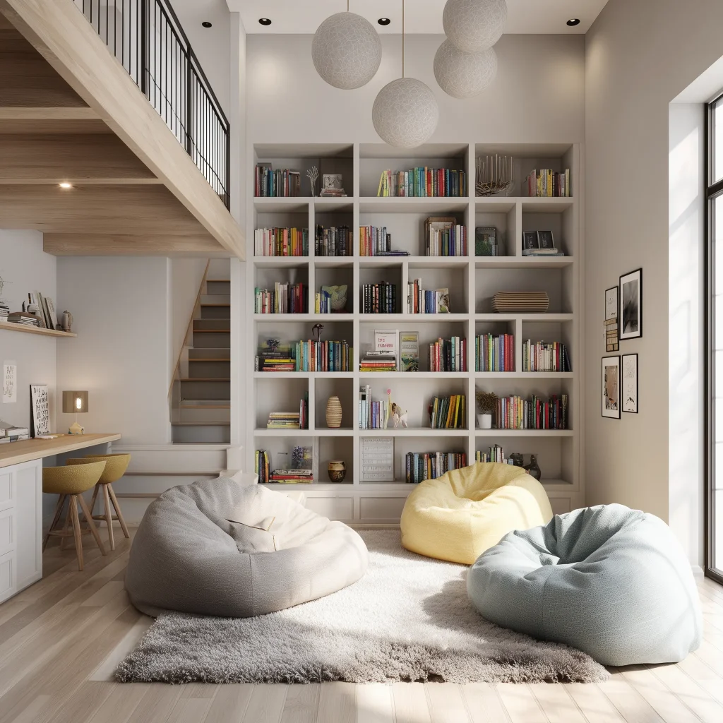 Mezzanine multifungsi keluarga dengan area belajar, rak buku, dan ruang santai serbaguna untuk seluruh anggota keluarga.