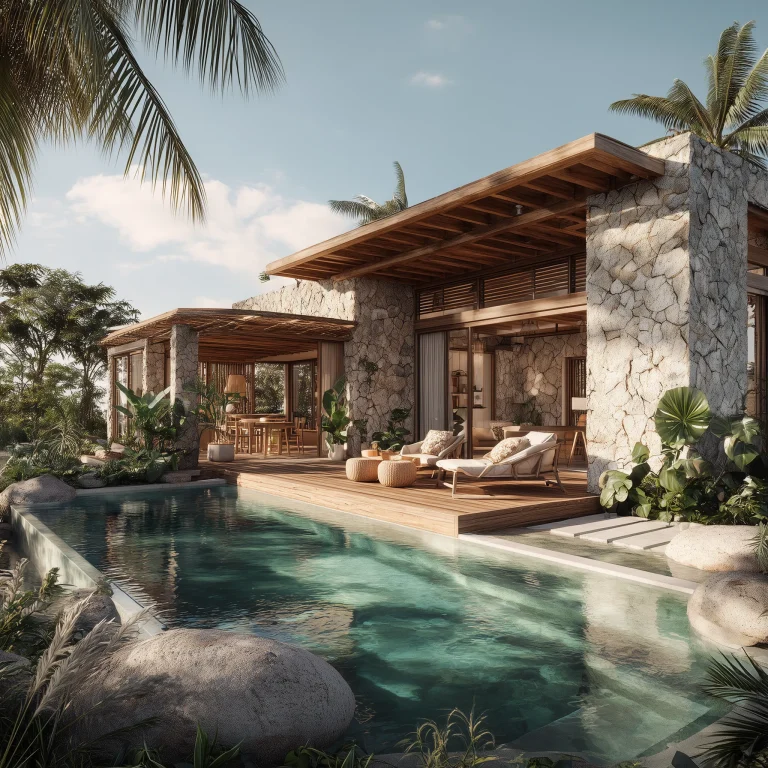 Kolam renang infinity kecil di halaman villa tropis modern ala Bali.