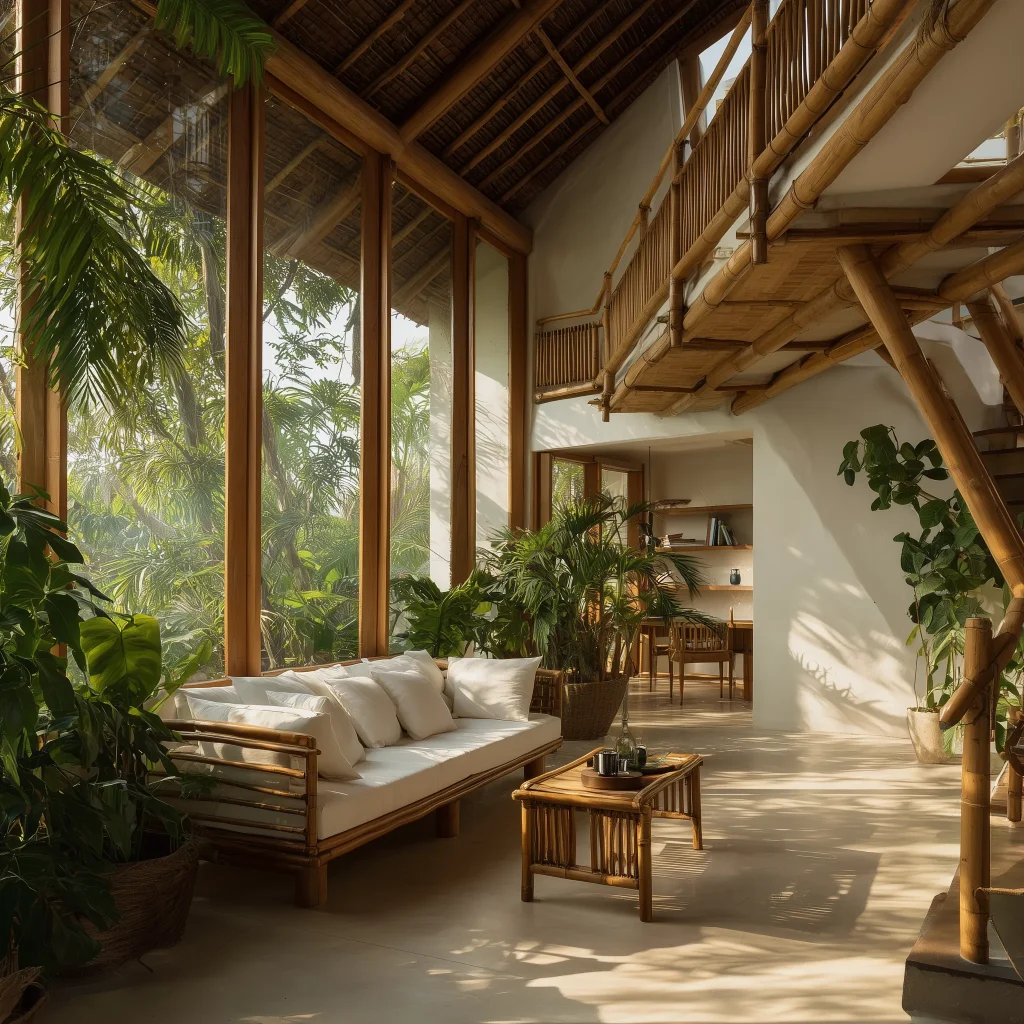 Desain mezzanine tropis natural dengan material bambu, kayu, dan tanaman hias indoor bernuansa vila tropis.