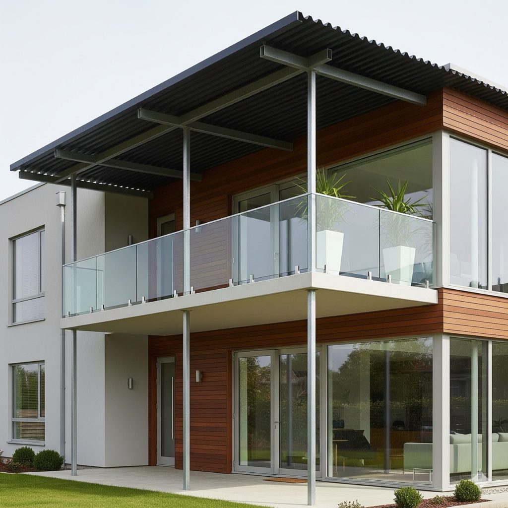 fasad rumah modern dengan model kanopi balkon spandek modern