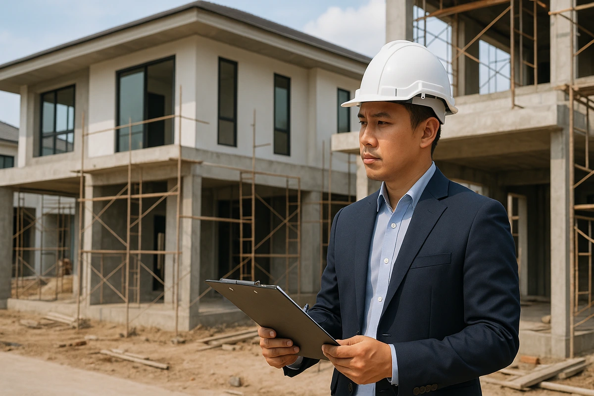 Kontraktor mengawasi proyek pembangunan rumah