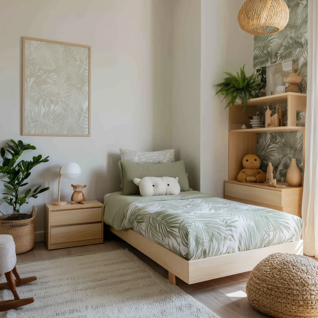 Interior kamar anak tema jungle Scandinavian dengan platform bed kayu terang, bedding motif daun palm hijau, wall art botanical, pendant light rattan, dan ottoman anyaman