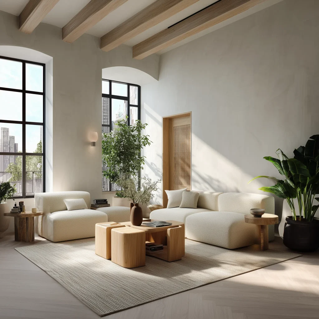 Desain ruang tamu all white industrial minimalist dengan exposed wooden beam ceiling, jendela besar arch dengan black frame, sofa cream organik, coffee table kayu sculptural, tanaman tinggi dalam pot terracotta