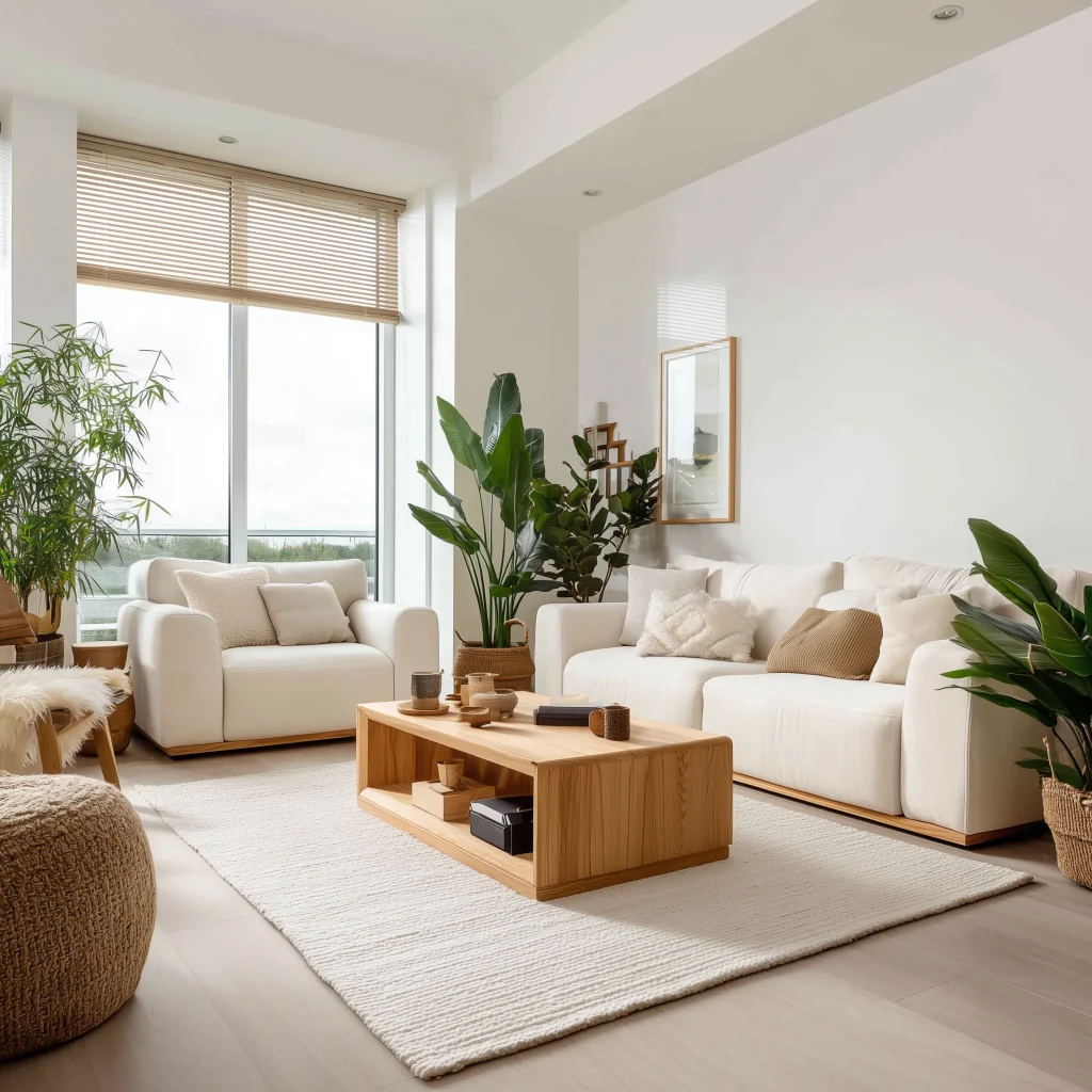 Interior ruang tamu all white contemporary dengan jendela floor-to-ceiling bamboo blinds, sofa putih modular dengan wooden base, coffee table kayu dengan storage, tanaman palm dalam pot anyaman, ottoman rajut