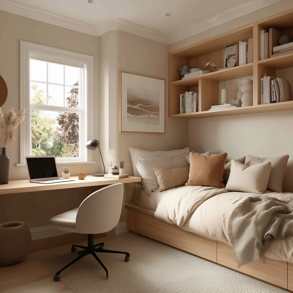 Desain kamar remaja classic dengan platform bed storage kayu, built-in desk di window sill, open shelving kayu dengan frame oak, task lamp, dan pampas grass decor