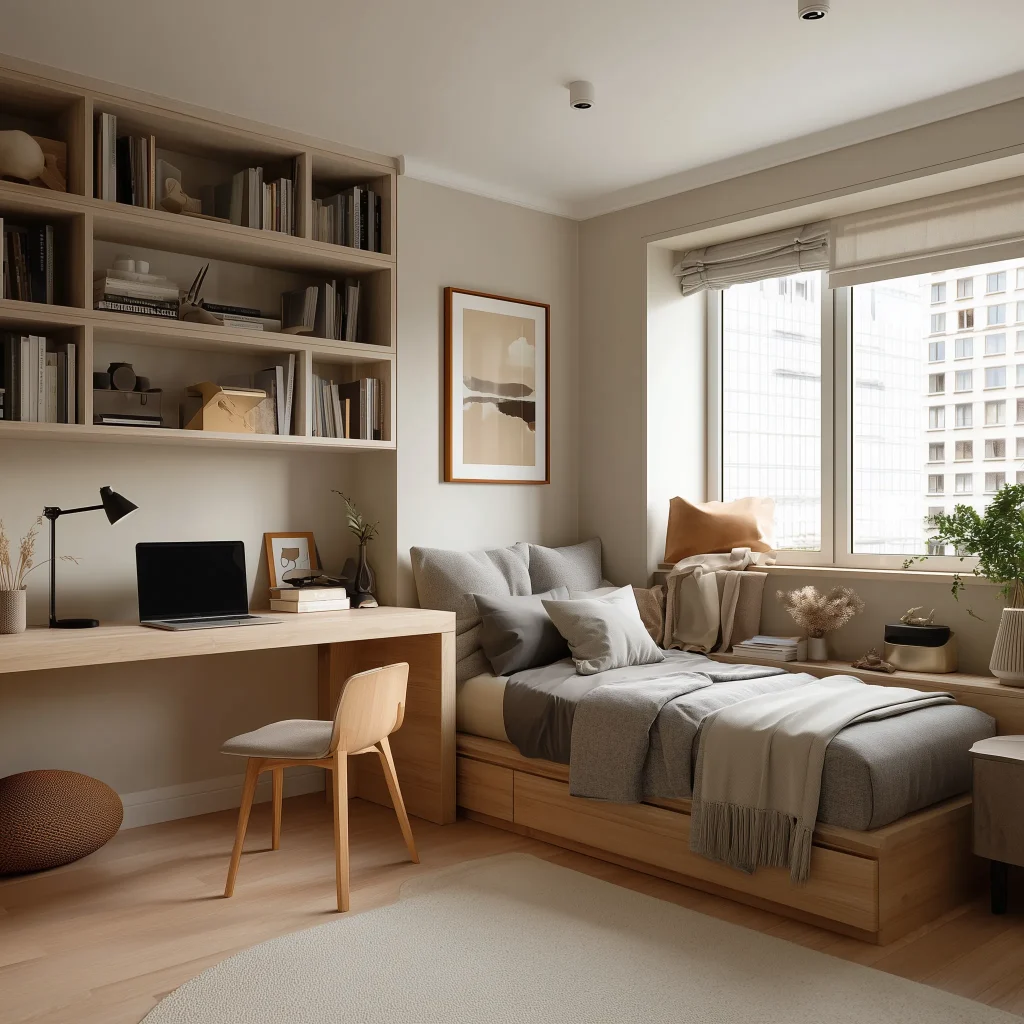 Kamar Remaja Japandi dengan Built-in Study Desk dan Asymmetrical Shelves