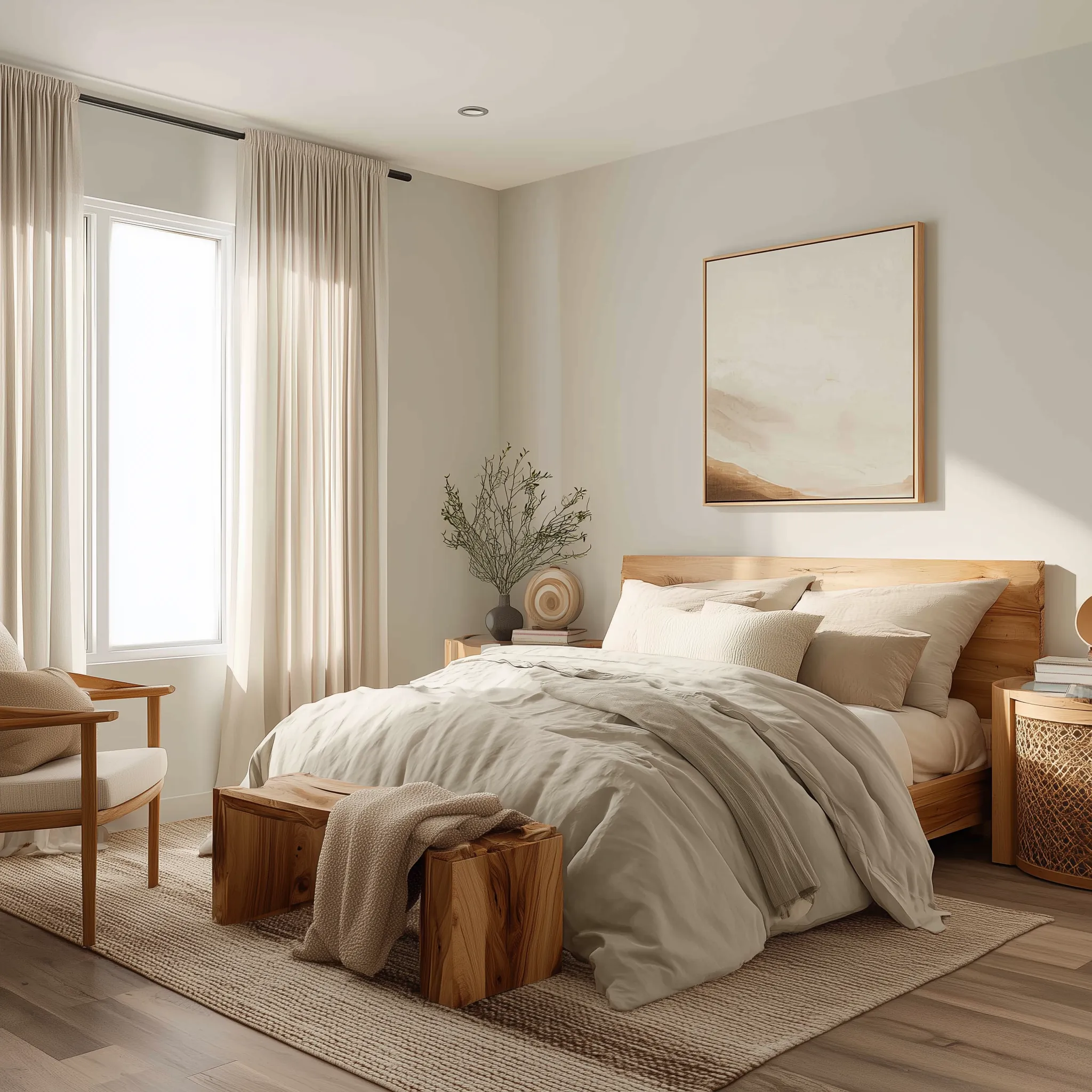 Sebuah kamar tidur bergaya Japandi dengan palet warna bumi yang hangat. Ranjang kayu rendah dengan seprai berlapis diletakkan di atas karpet anyaman besar. Tirai krem membingkai jendela tinggi, menciptakan suasana yang nyaman.