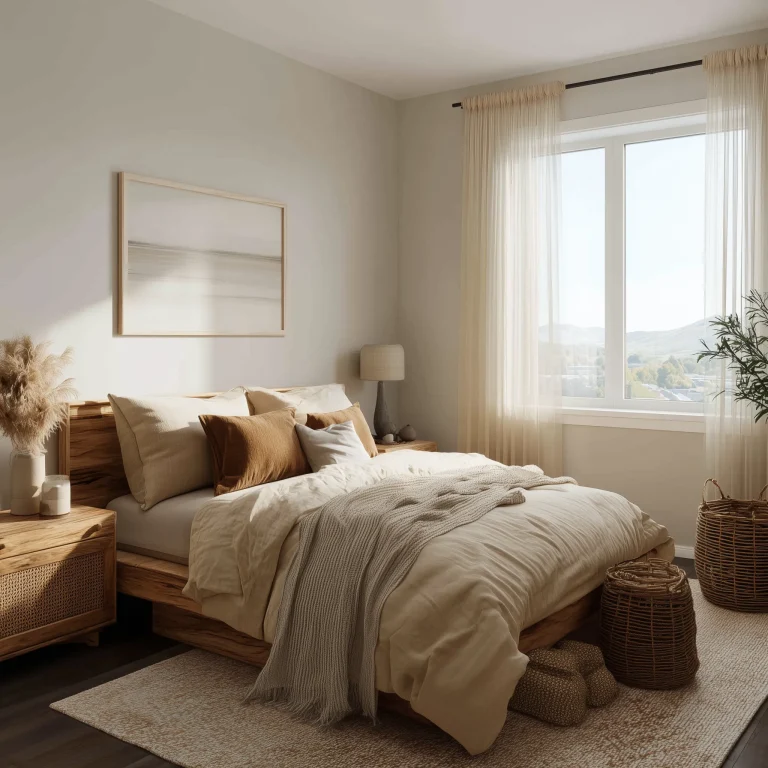 Kamar tidur Japandi yang terang dan lapang dengan dinding putih dan lantai kayu. Ranjang kayu dengan seprai putih krem diletakkan di dekat jendela besar yang menawarkan pemandangan danau dan pepohonan yang menenangkan.
