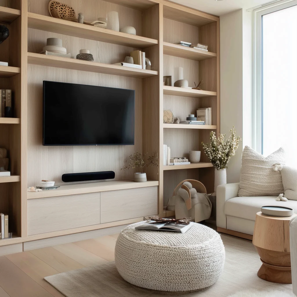 Interior ruang TV Scandinavian dengan built-in cabinet kayu terang, sofa krem, dan natural light maksimal