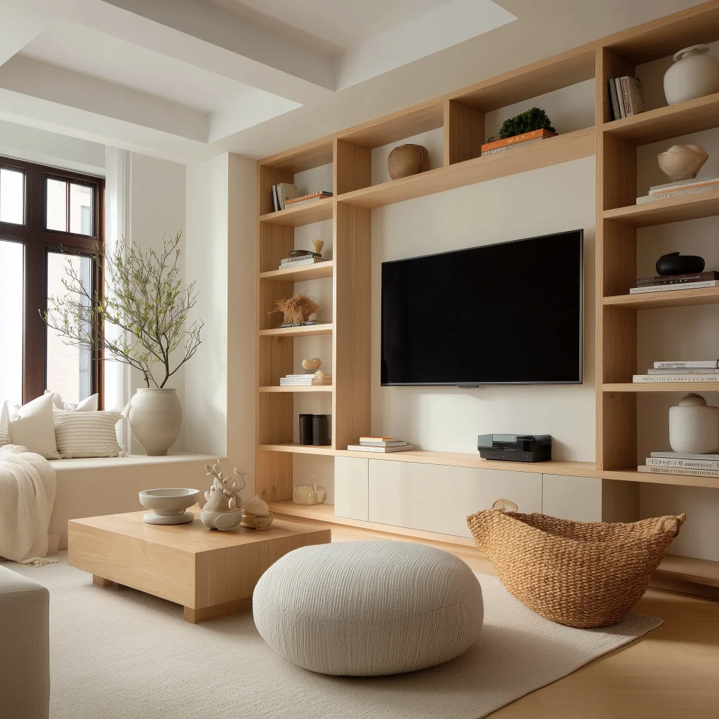 Desain ruang TV Japandi contemporary dengan built-in shelving kayu grid teratur dan TV frame kayu