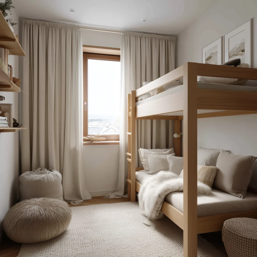 Desain kamar anak 3x3 meter Scandinavian dengan bunk bed kayu natural, floating shelves, furry ottoman, bedding putih lembut, dan jendela besar