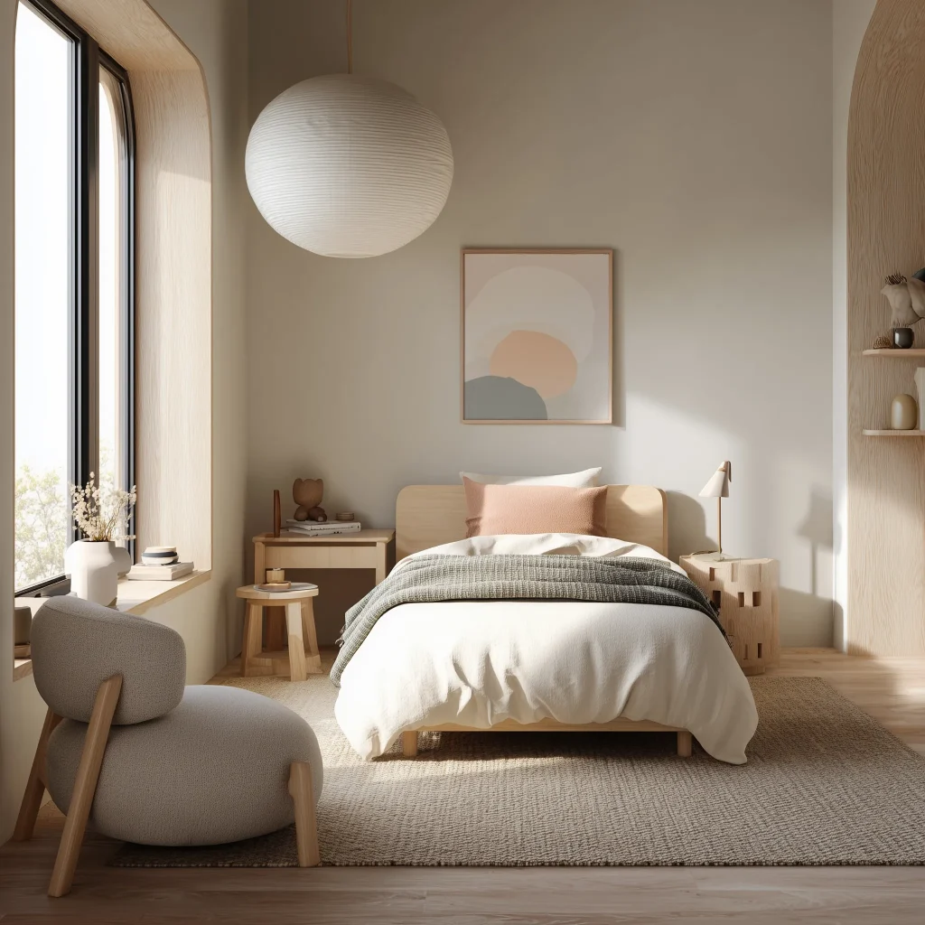 Desain kamar anak warna pastel Japandi dengan tempat tidur kayu terang, bedding putih dengan accent pillow peach abu, pendant light bulat, dan kursi minimalis