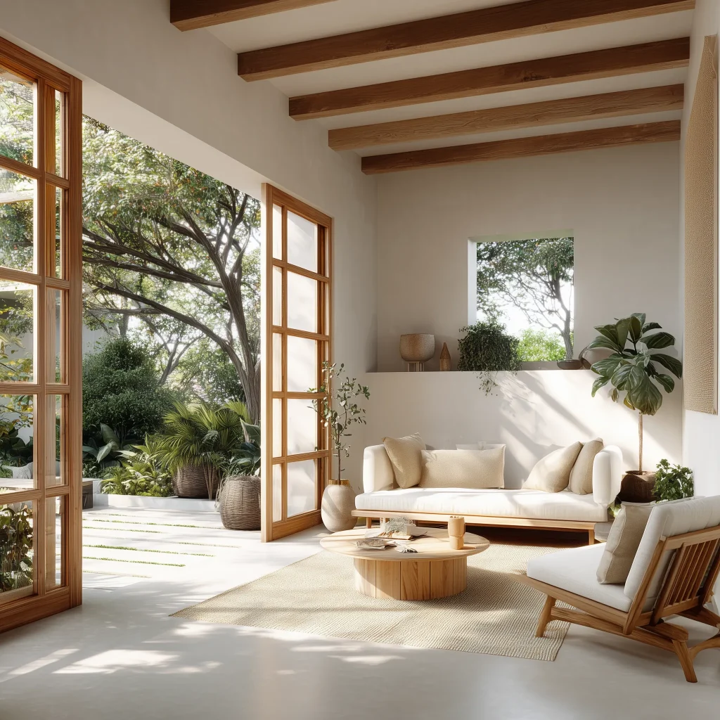 Konsep ruang semi outdoor Japandi dengan dinding putih bersih, furnitur kayu terang, pintu sliding kayu, dan view taman yang tenang