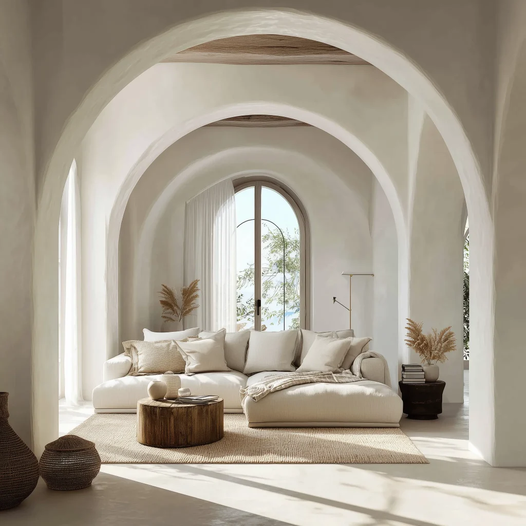 Desain ruang tamu all white Mediterranean dengan arch doorway berlapis, exposed beam ceiling kayu, sofa putih oversized dengan chaise, coffee table kayu bulat, pampas grass decor, ottoman anyaman