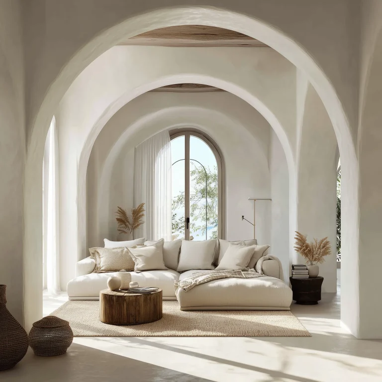 Desain ruang tamu all white Mediterranean dengan arch doorway berlapis, exposed beam ceiling kayu, sofa putih oversized dengan chaise, coffee table kayu bulat, pampas grass decor, ottoman anyaman