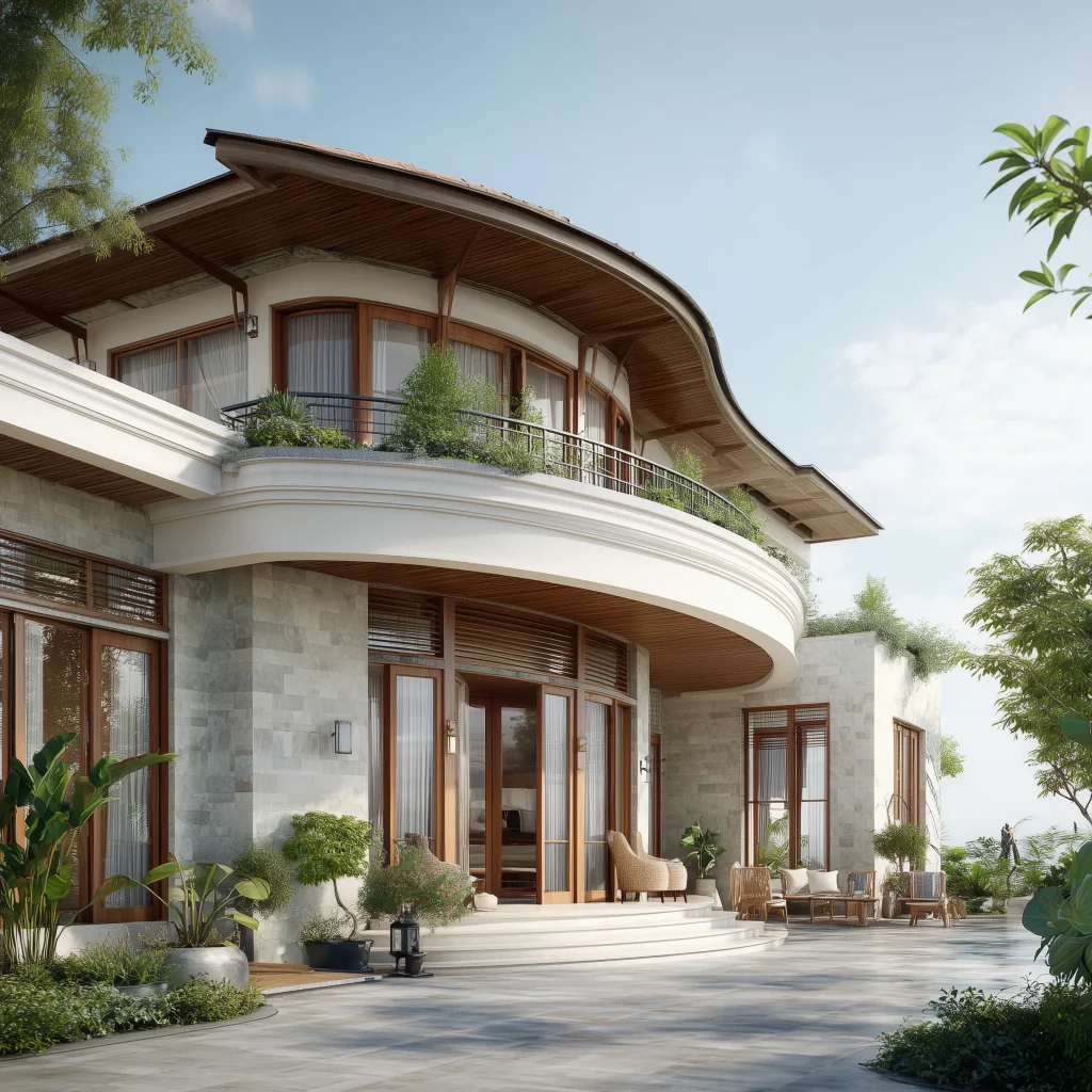 Konsep desain vila Mediterania mewah dengan balkon lengkung yang luas