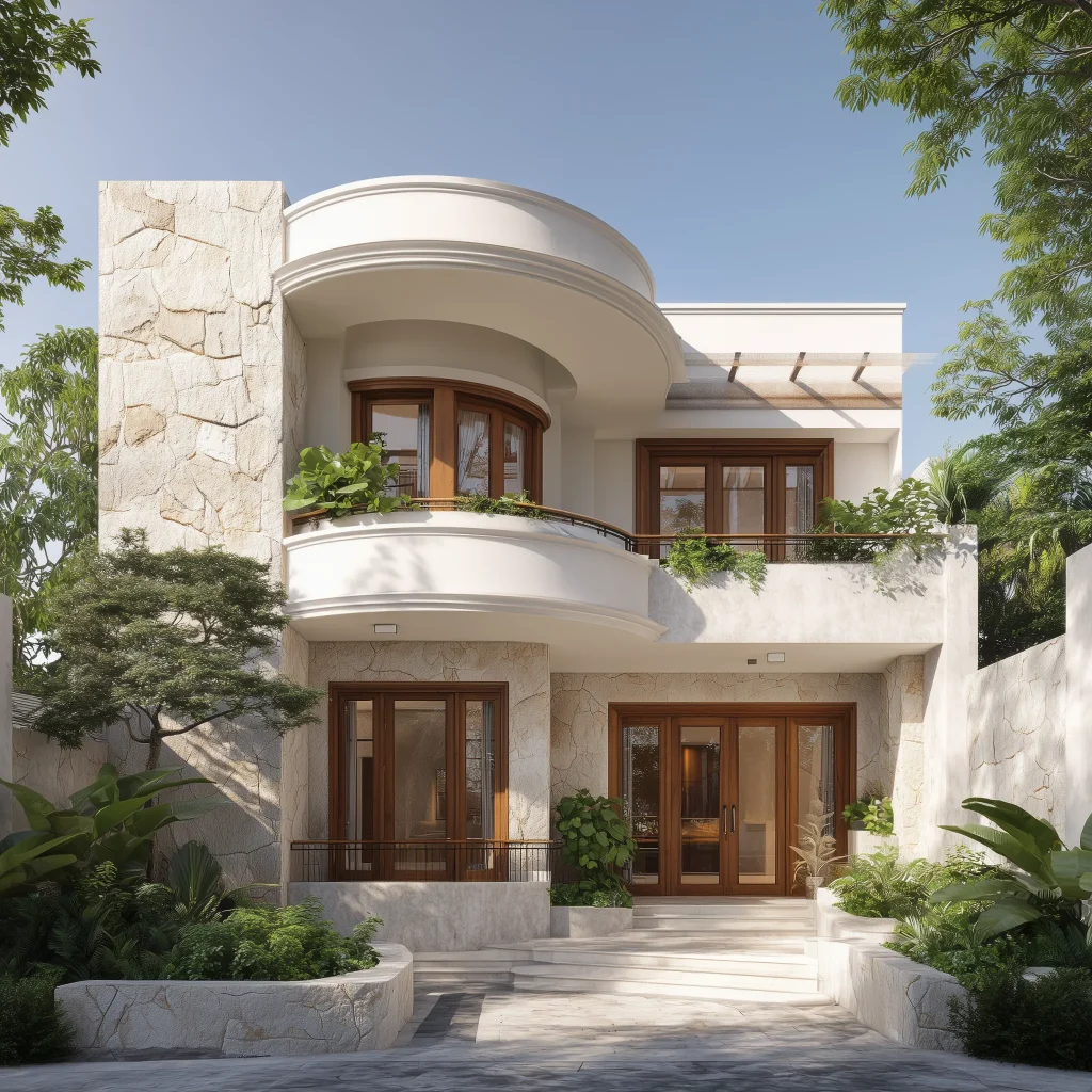Konsep desain rumah Mediterania dengan fasad batu alam dan pintu kayu