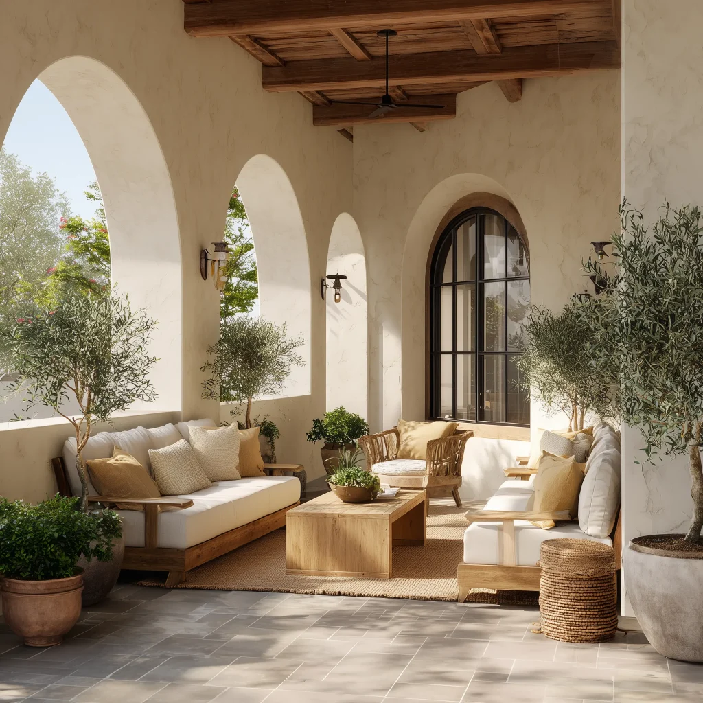 Desain ruang keluarga semi outdoor bergaya Mediterranean dengan lengkungan khas, dinding stucco krem, furnitur kayu, dan pohon zaitun dalam pot