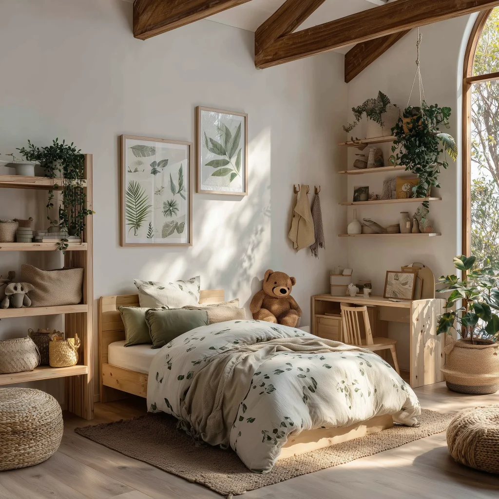 Desain kamar anak tema jungle minimalist modern dengan wallpaper botanical mural, platform bed kayu, bedding sage green, wall art lion sketch, floating shelves, dan tanaman indoor