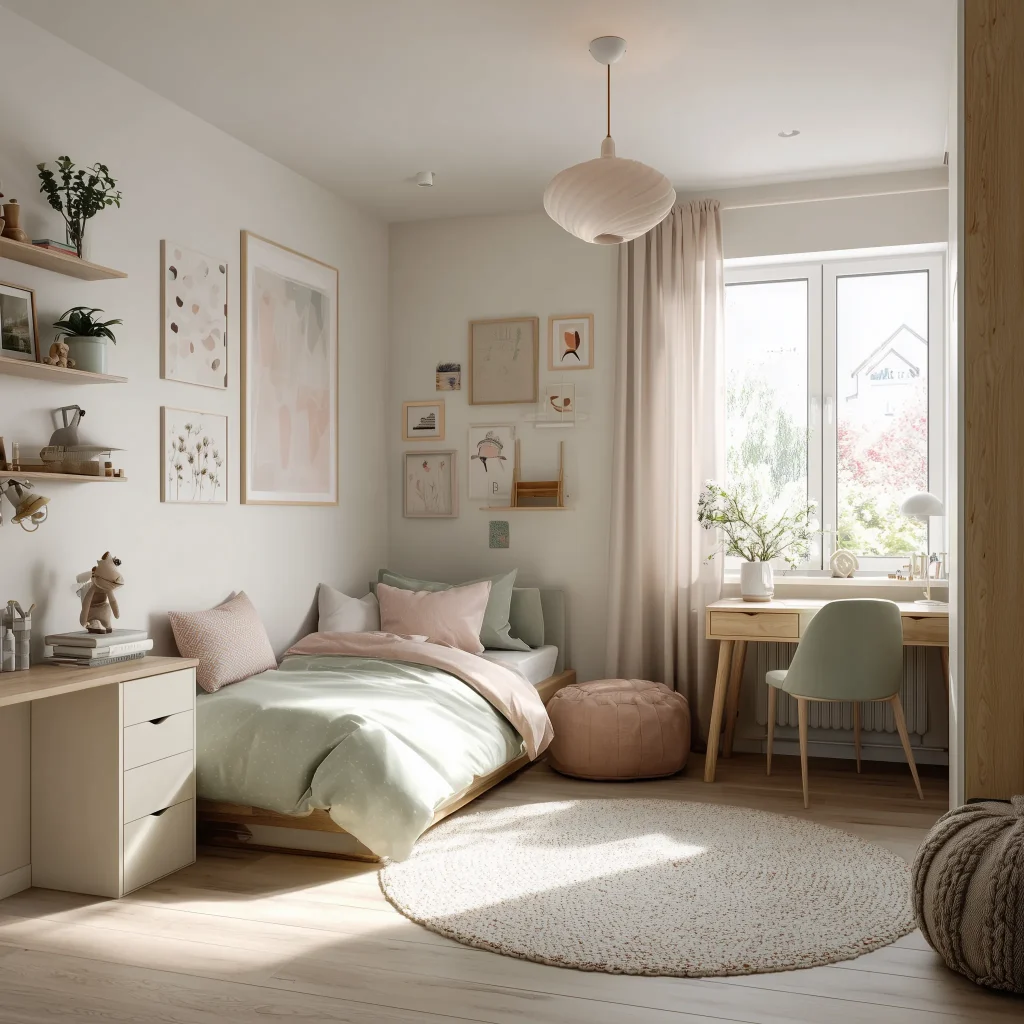 Desain kamar anak warna pastel Scandinavian dengan bedding mint pink, gallery wall art pastel, meja belajar kayu, floating shelves, ottoman pink, dan karpet bundar cream