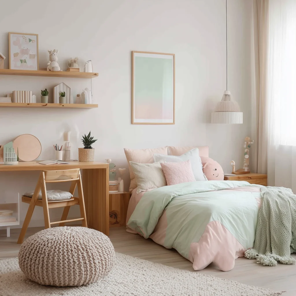 Interior kamar anak warna pastel Scandinavian dengan tempat tidur pink mint, meja belajar kayu dengan floating shelves, wall art pastel mint, ottoman rajut, dan pendant light textured