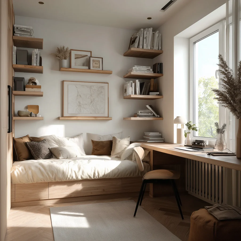 Desain kamar remaja Japandi dengan platform bed storage drawer, built-in study desk kayu terang, asymmetrical floating shelves, wall art abstract, dan jendela besar dengan cahaya natural