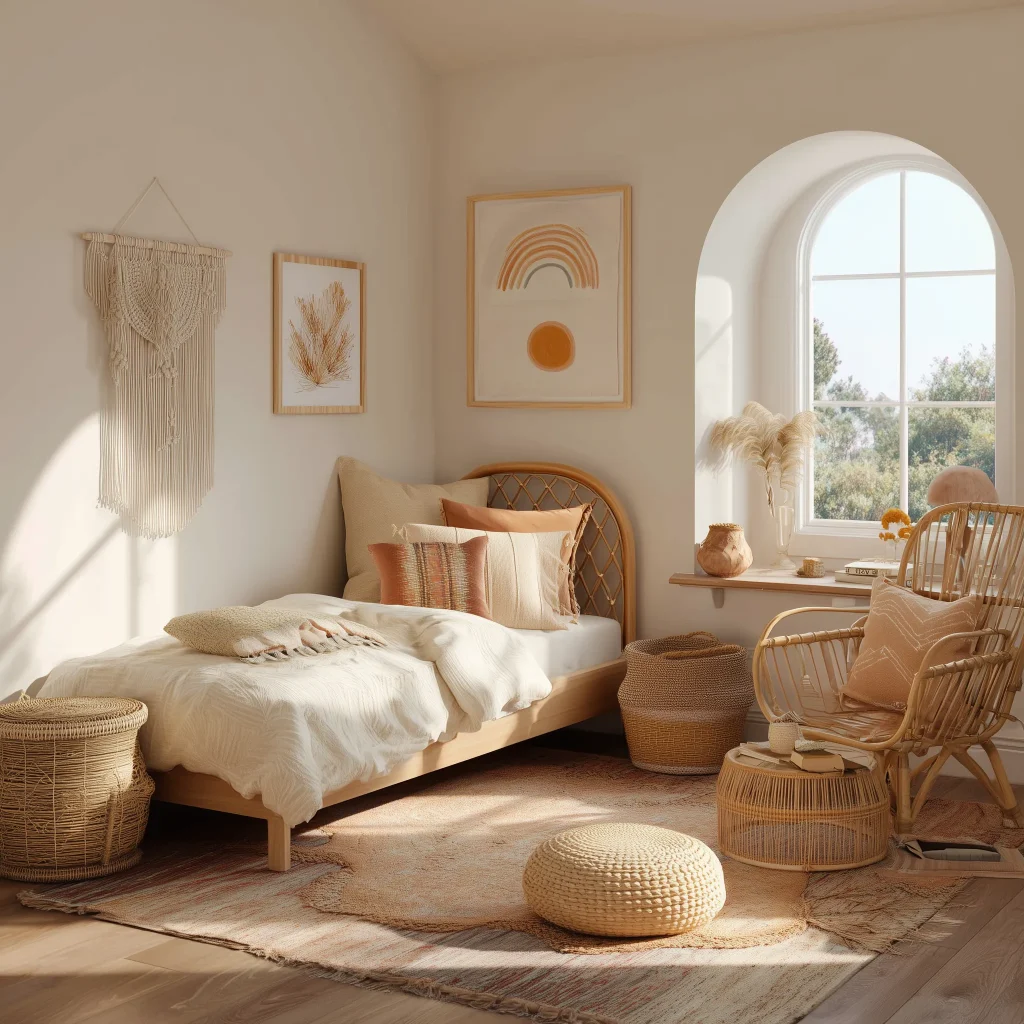 Desain kamar anak warna pastel boho dengan furniture rattan natural, wall art macrame, bedding cream peach, keranjang anyaman, dan jendela arch dengan cahaya hangat