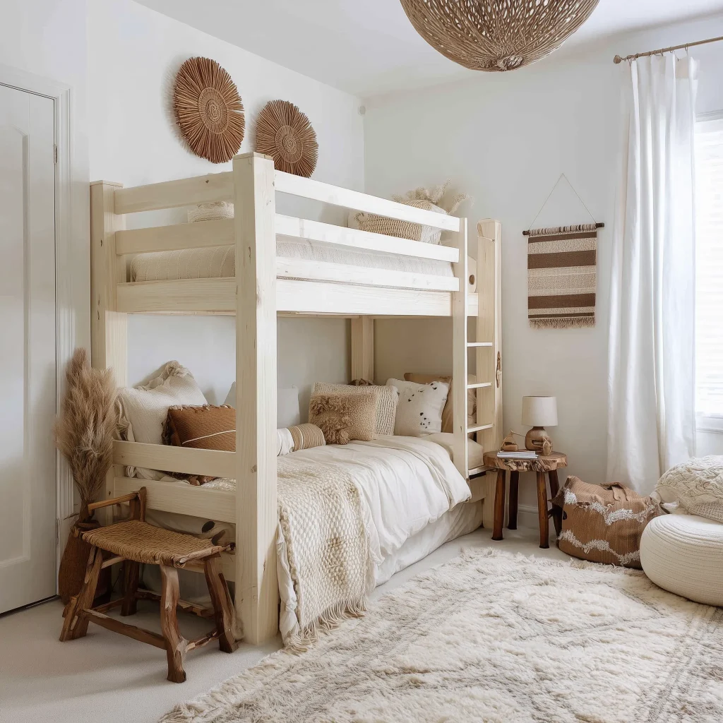 Desain kamar anak 3x3 meter boho natural dengan bunk bed kayu putih cream, wall decor anyaman rattan, pampas grass, macrame wall hanging, dan furry rug