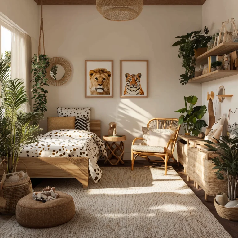 Desain kamar anak tema jungle boho dengan furniture rattan natural, wall art singa dan harimau, tanaman gantung, bedding polkadot, pendant light anyaman, dan exposed beam ceiling