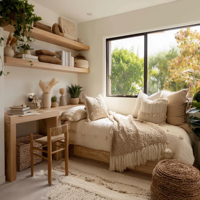 Desain kamar remaja boho natural dengan platform bed storage, meja belajar built-in kayu dengan floating shelves, tanaman gantung, window seat, ottoman rajut, dan tekstur natural