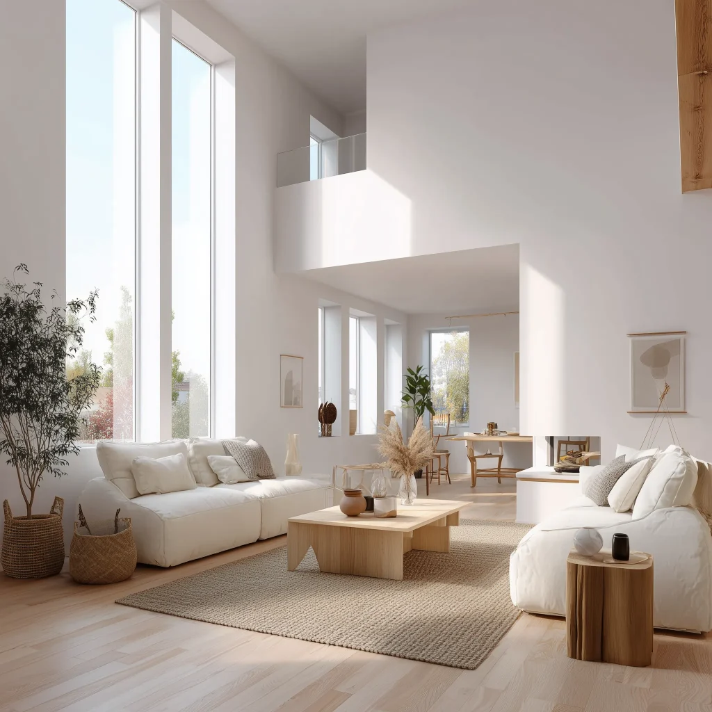 Interior ruang tamu all white minimalist dengan double height ceiling, jendela besar floor-to-ceiling, sofa putih modular, coffee table kayu natural, karpet jute, tanaman indoor dalam pot anyaman, dan mezzanine level
