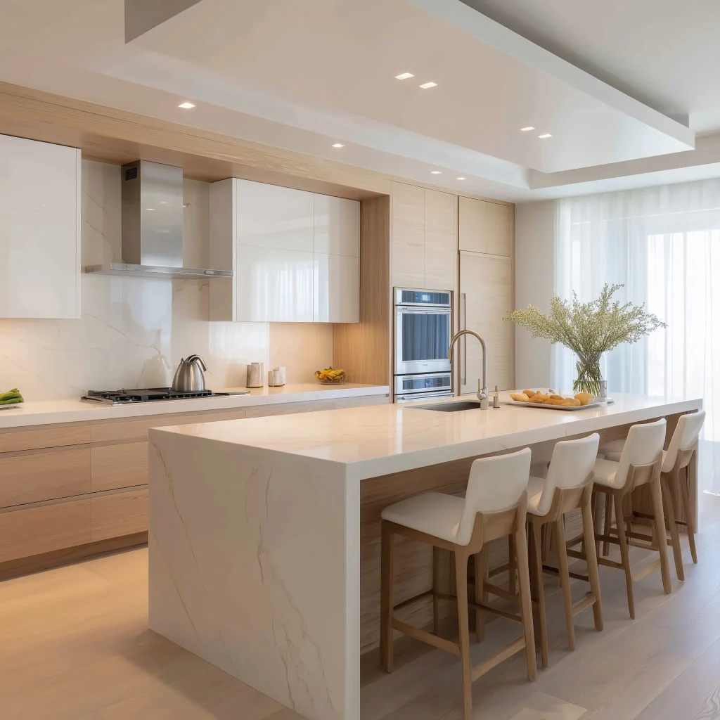 Konsep desain dapur compact modern dengan island table minimalis dan rak terbuka